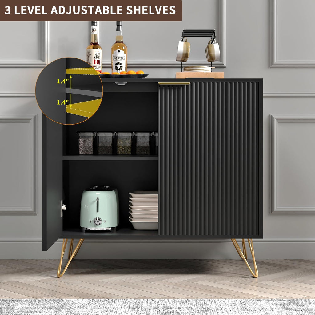 Fluted Storage Cabinet Sideboard Accent Cabinet with 2 Doors, Black, 1PC丨Buffet Cabinet with Metal Legs and
