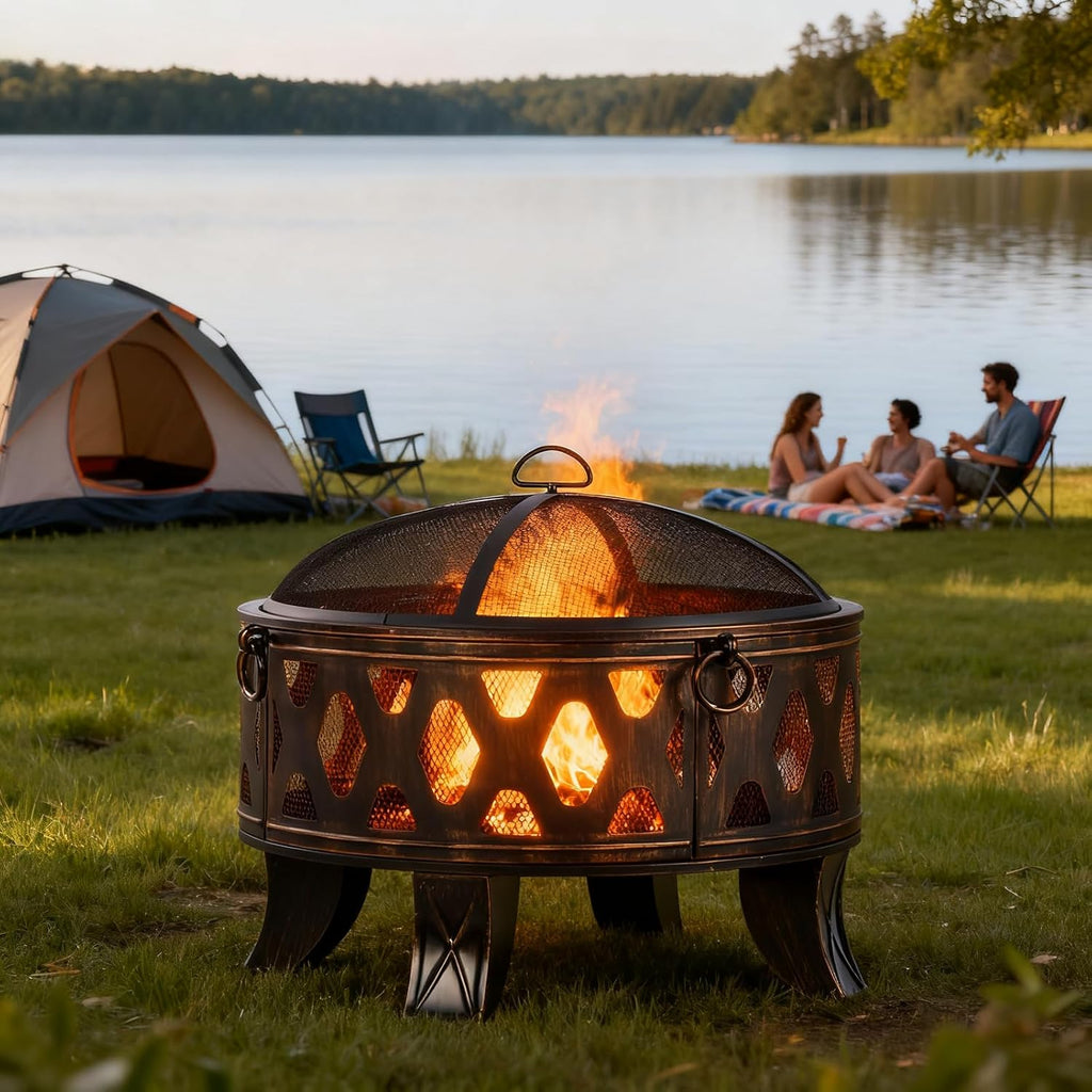 26 Inch Wood Burning Fire Pit with Cooking Grill and Spark Screen, Outdoor Metal Round Firepit
