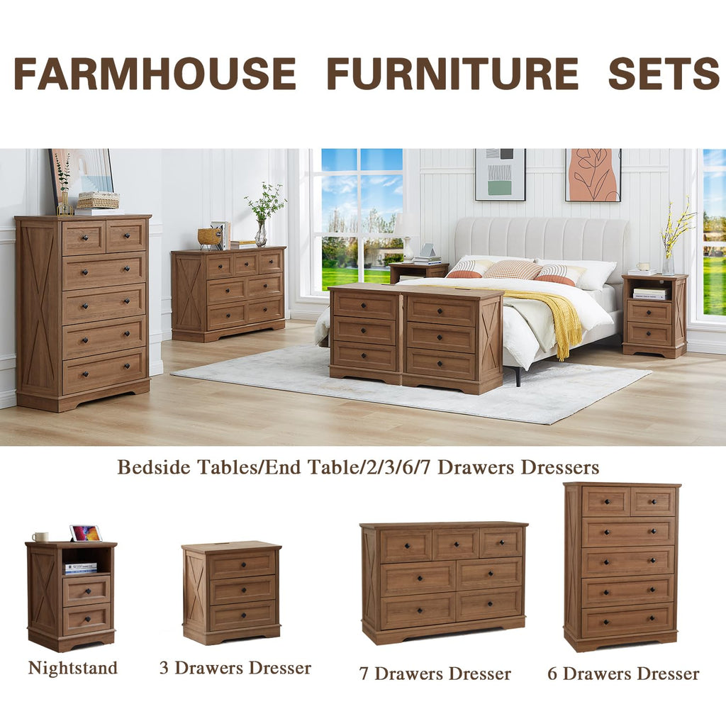 Farmhouse 6 Drawers Dresser Chests, Natural Oak Wood Dressers