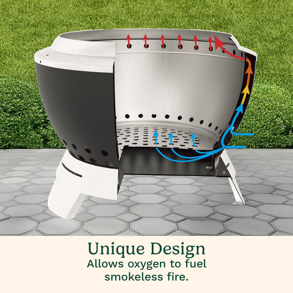 19.5" Cleanburn Smokeless Fire Pit with Removable Base for Ash, Portable Wood Burning Outdoor Fireplace, Stainless