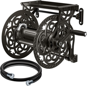 Metal Wall Mount Garden Hose Reel for Outside, Holds 125 ft x 5/8'' Hose Storage, Decorative Heavy Duty Water Hose