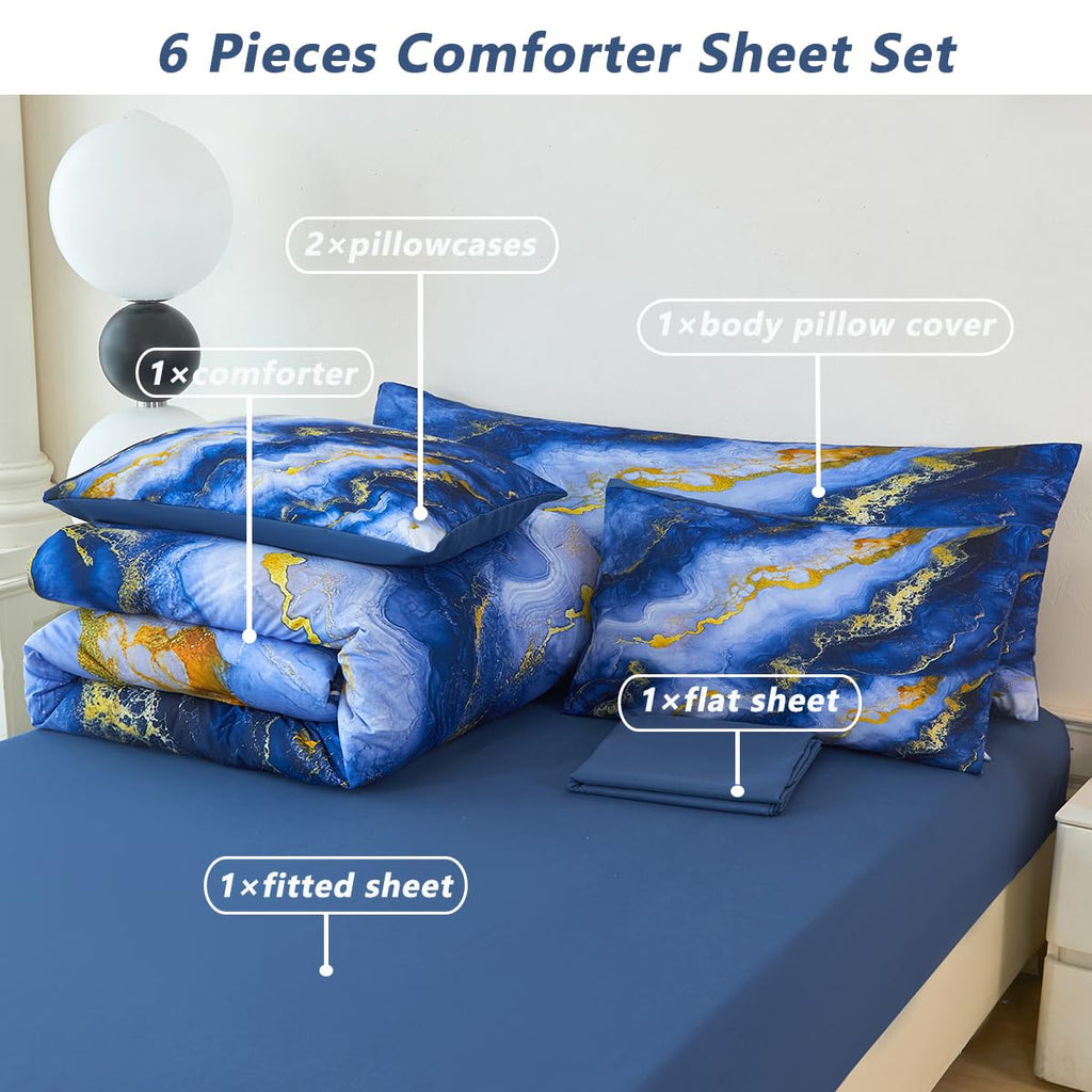 Blue Gold Bedding Set, 6 Pieces Fluffy Marble Bedding Comforter Sets for Women, All Season Soft Luxury Retro