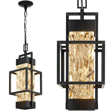 15'' Outdoor Indoor Pendant Celing Light Fixture, Modern Exterior Hanging Chandelier Porch Lights, Black Aluminum