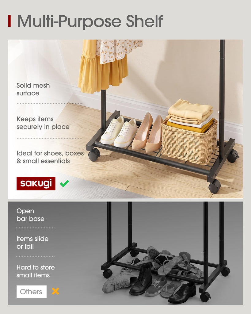 Clothes Rack - Clothing Rack with Storage Mesh Shelf & Casters, Heavy-Duty Metal Clothing Rack for Hanging Clothes