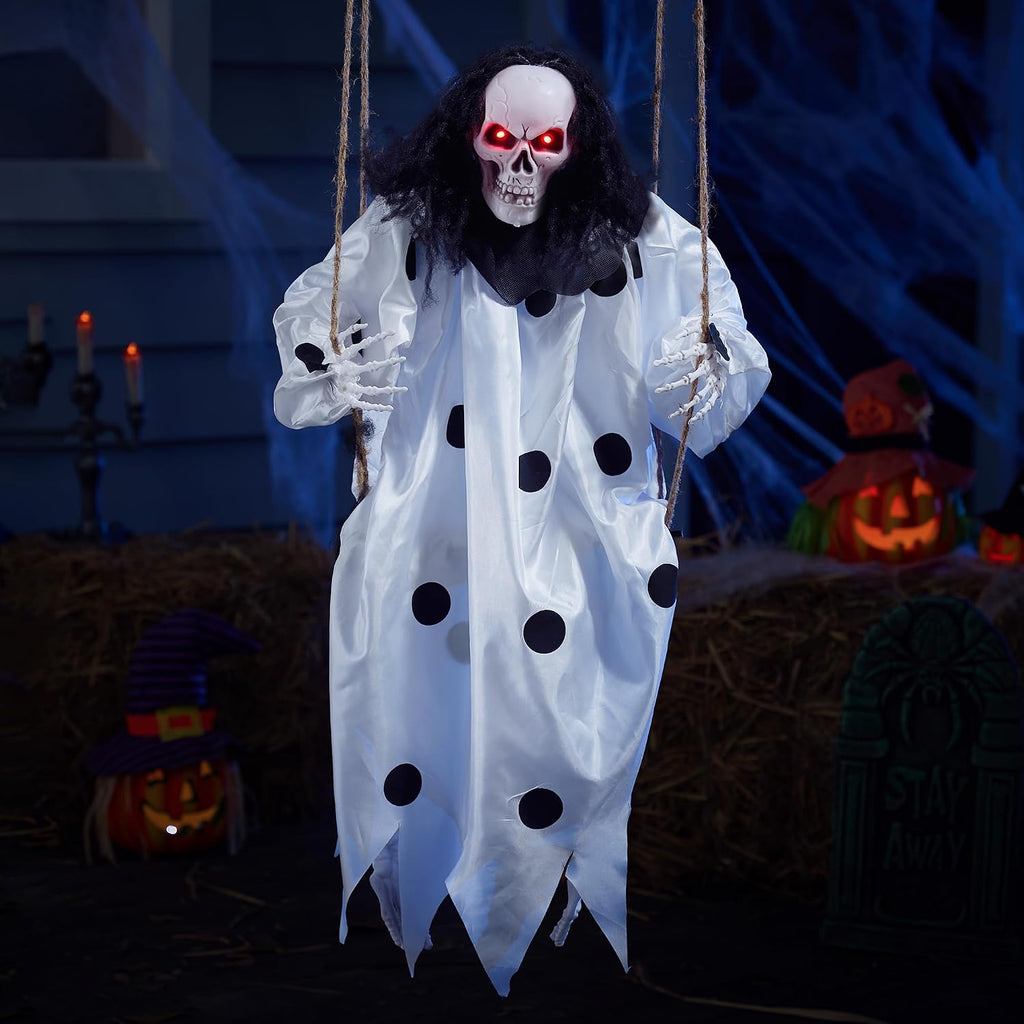 36" Hanging Clown Outdoor Halloween Decorations, Swinging Skeleton Decor with Light Up Eyes Button Battery Operated
