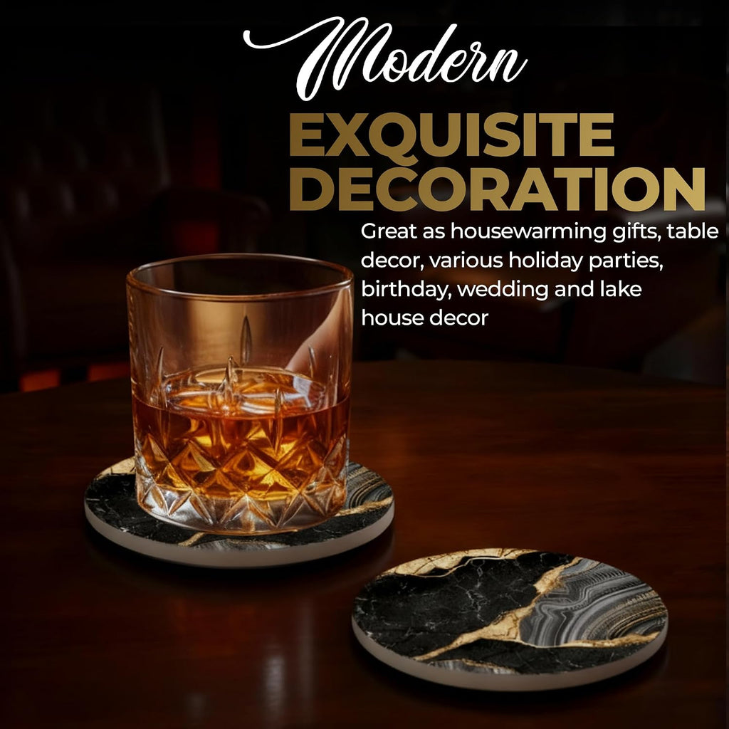 Elegant Black & Gold Marble Ceramic Coasters with Gold Metal Holder - Round Drink Coasters for Coffee - Set of 6