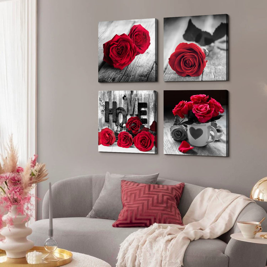 Rustic Rose Floral Canvas Wall Art Red and Black Bathroom Decor Romantic Flower Poster Pictures Girls Bedroom Over
