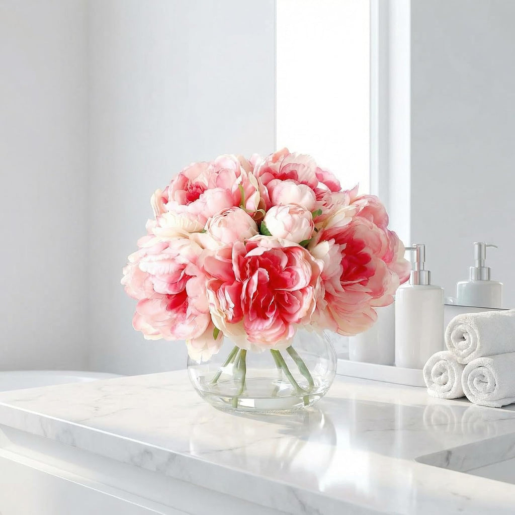 Artificial Peonies Flowers with Vase, Mixed Pink Silk Peony Bouquet with Faux Water in Glass Vase, Lifelike Fake