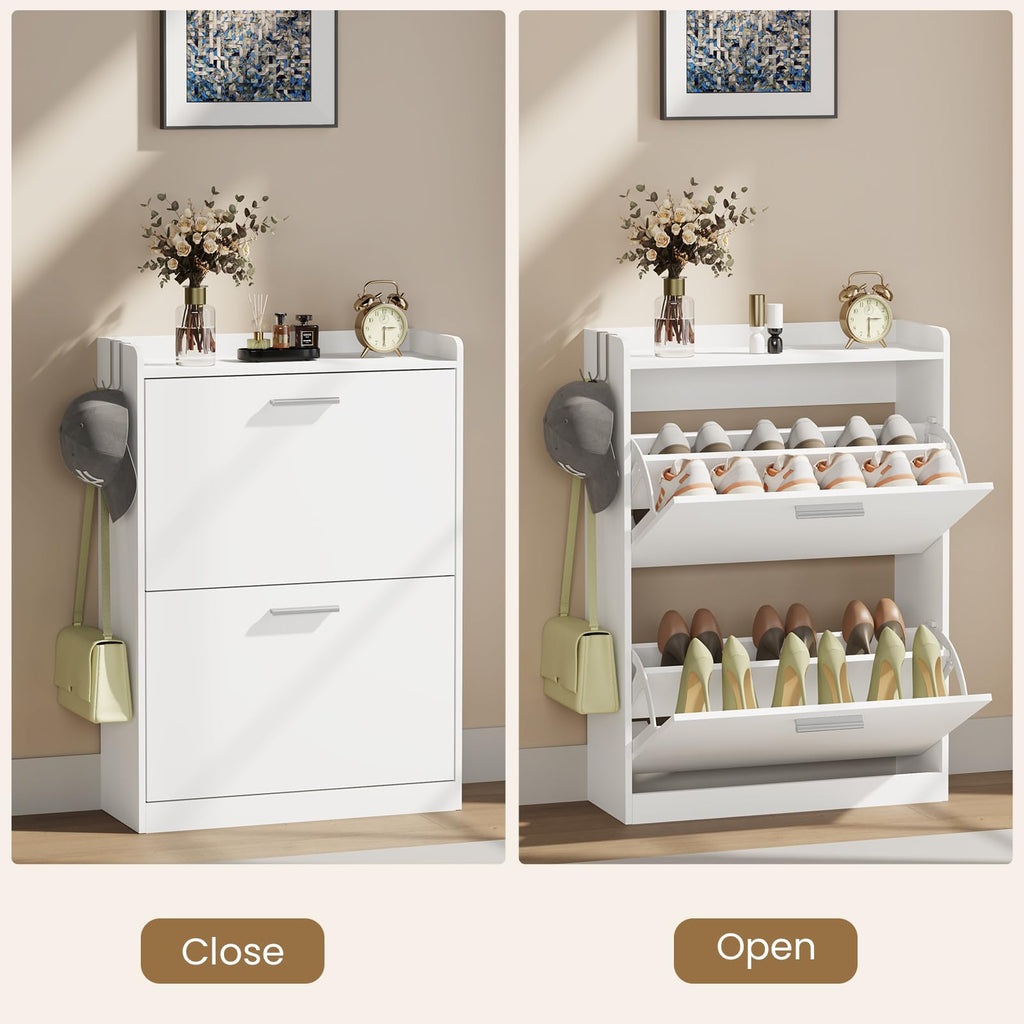 Shoe Storage Cabinet with 2 Flip Drawers, 23.6" W White