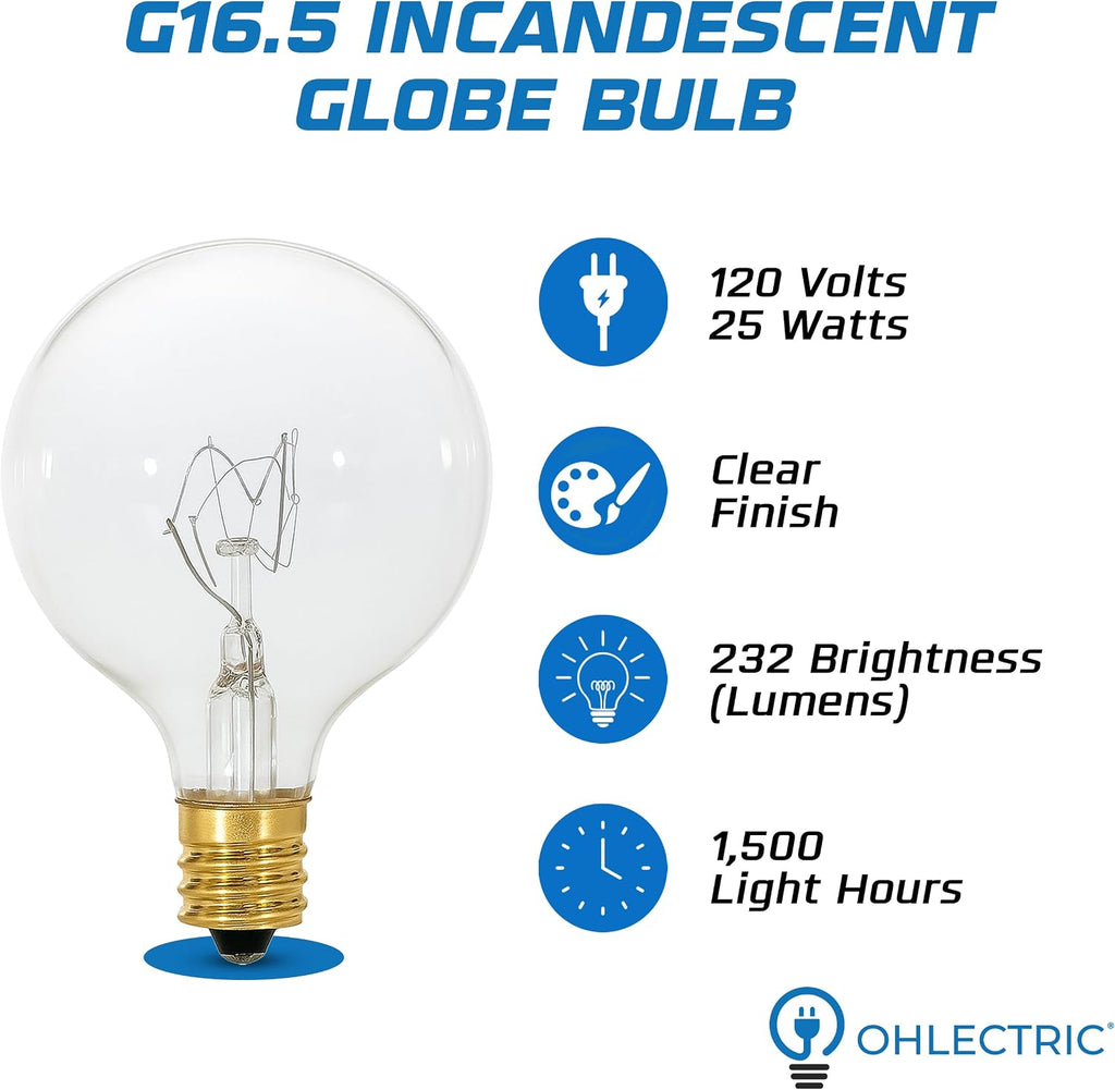 G16.5 Incandescent Globe Bulb (4-Pack) Decorative Light Bulb, 25 Watt, E12 Candelabra Base, Dimmable, 2700K Warm