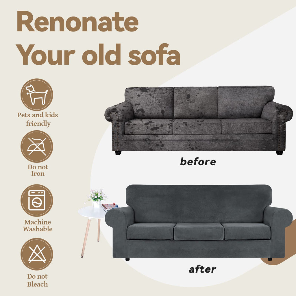 4 Pieces Couch Cover for Sofa Velvet Sofa Covers Washable, Dark Grey