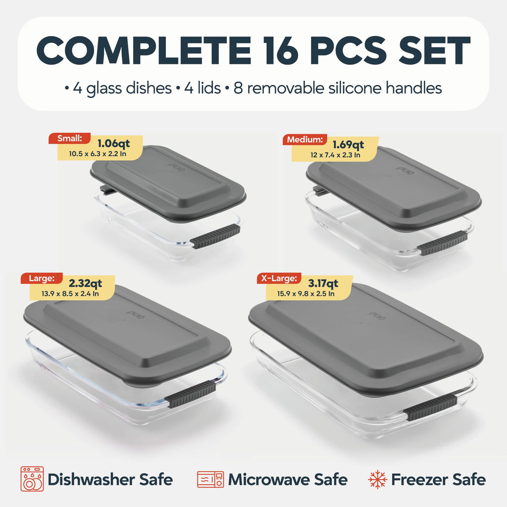 8 Piece Glass Baking Dish Set with Lids, BPA Free, With Easy Grip Slide On Silicone Handles (1.06QT, 1.69QT, 2.32QT