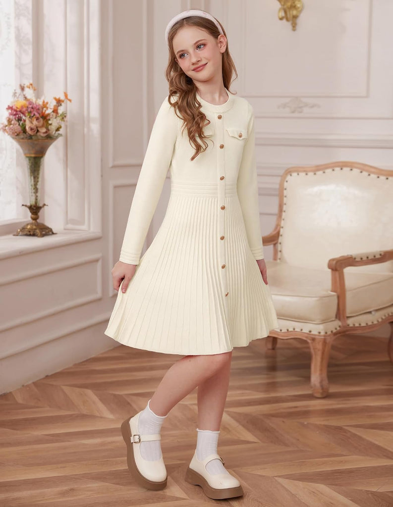 Girls Sweater Fall Dress Long Sleeve Knit Button Front Pleated A-Line Casual Winter Midi Dresses