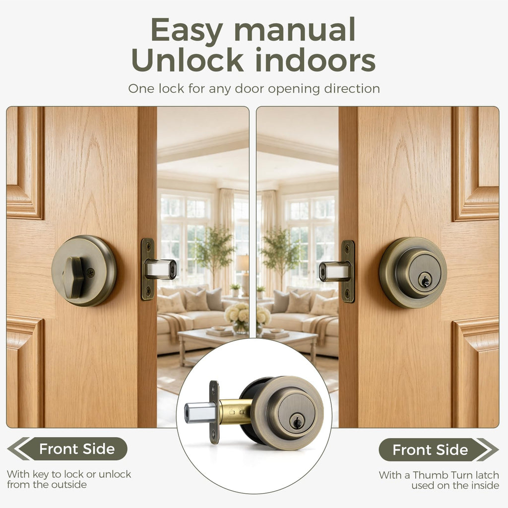 Single Cylinder Round Deadbolt Lock(1 Pack, Antique Brass)