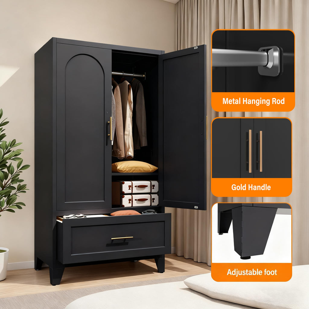 60" Tall Steel Wardrobe Closet with Hanging Rod, 2 Doors, Black
