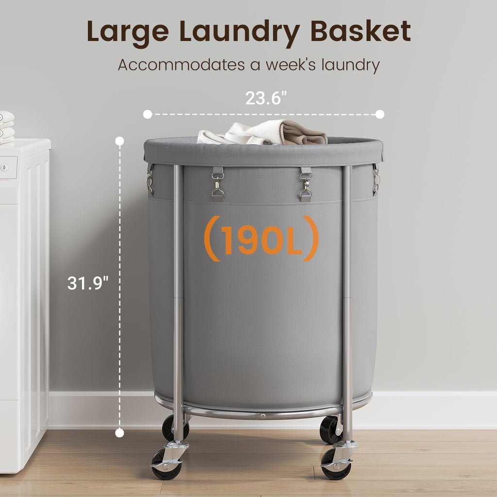 Laundry Basket with Wheels, Round Rolling Laundry Hamper, Gray
