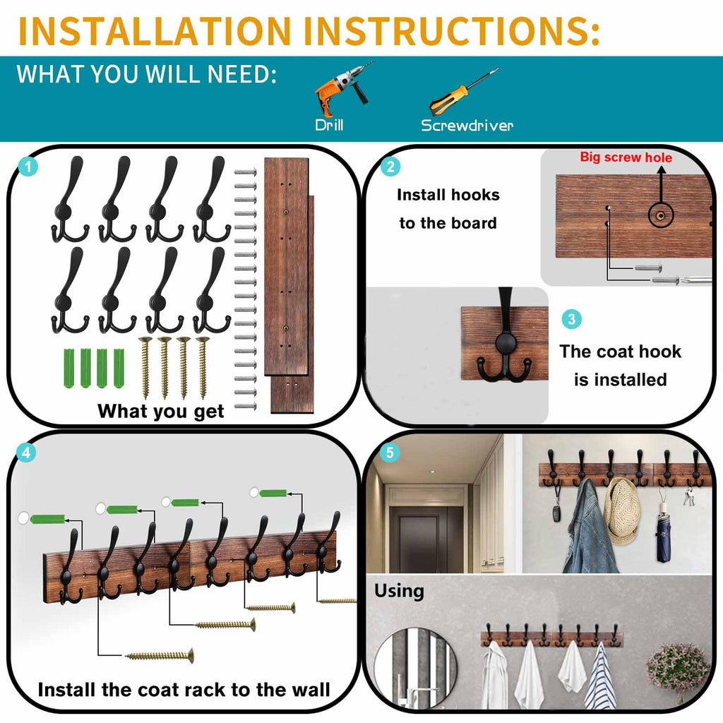 Coat Rack Wall Mount 31.5'' Coat Hanger Wall Mount Burnt Brown Coat Hooks for Wall Rustic Towel Racks Living Room