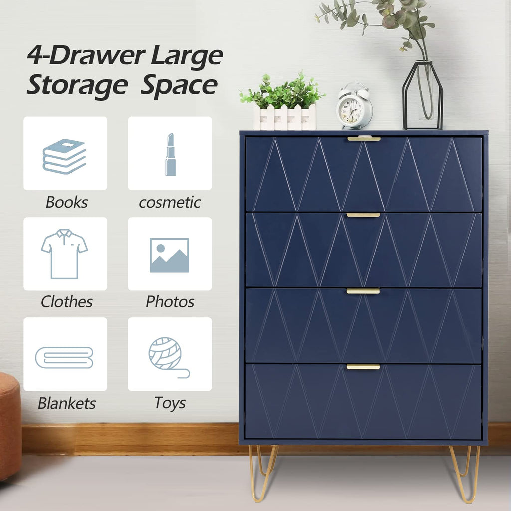 Navy Blue Tall 4 Drawer Dresser Black with Gold Handles, Drawer Chest Tall Storage Dresser Cabinet Organizer Unit