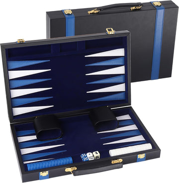 GSE Premium Leather Backgammon Board Game Set, Black&Blue, Large