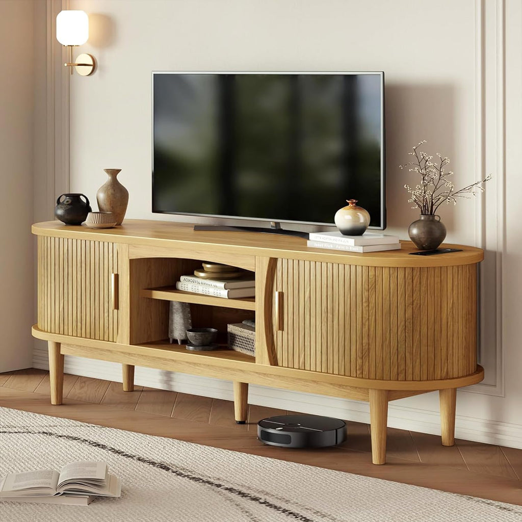 Mid Century TV Stand for TVs up to 65 Inches, Entertainment Center with Storage, Power Outlet, Fluted Sliding Doors &