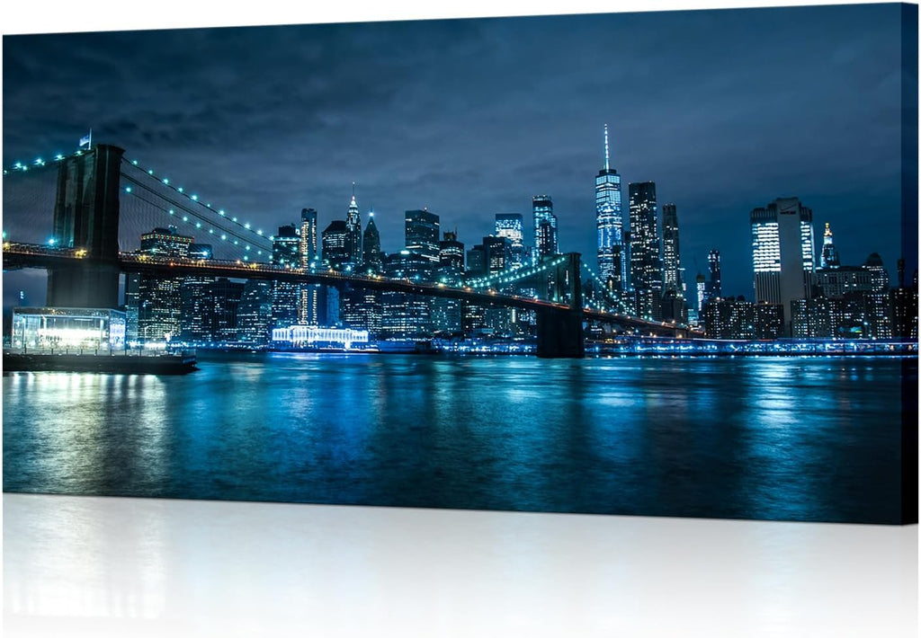 Blue New York City Canvas Wall Art Print Cityscape Brooklyn Bridge Picture Framed Wall Decor NYC Skyline Painting