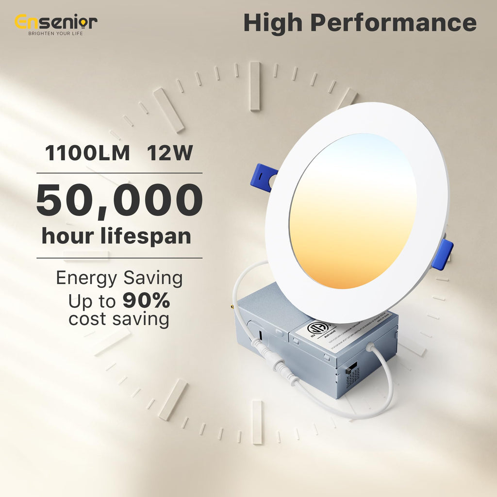 6 Pack 5 Inch LED Recessed Light, Dimmable, 2700K-5000K 5CCT, 1100LM High Brightness, 12W 120V, Damp Rated
