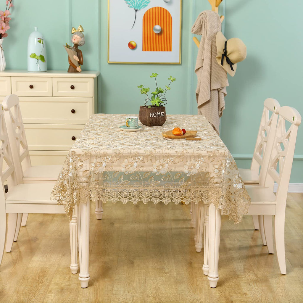 Lace Tablecloth Embroidery with Tassel - Shabby Chic Vinyl Rectangle Table Cloth for 6 Foot Tables Floral Tablecloth