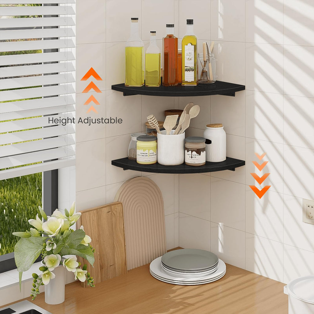 Corner Floating Shelves, 12" Deep Corner Shelves Wall Mounted with Cord Hole, 2 Tier Curved Corner Hanging Shelving