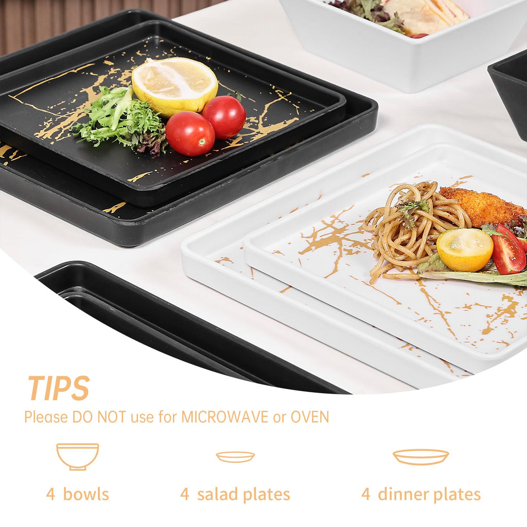 Square Melamine Dinnerware Sets of 12pcs - Black and White