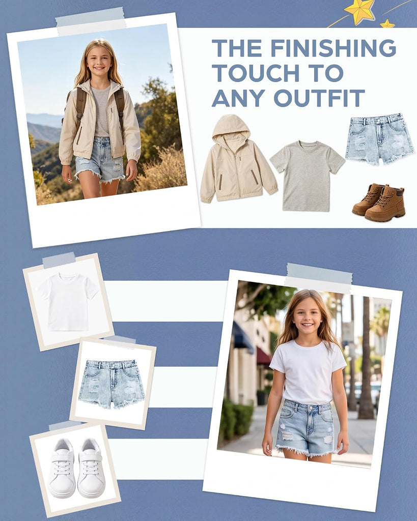 Girls Ripped Jean Shorts Elastic Mid Waist Denim Shorts