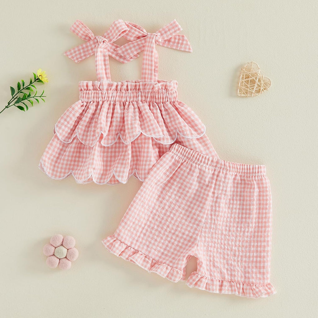 Toddler Baby Girl Clothes Summer Plaid Outfit Sleeveless Ruffle Dress Top+Plaid Shorts Little Girl 2 Pieces