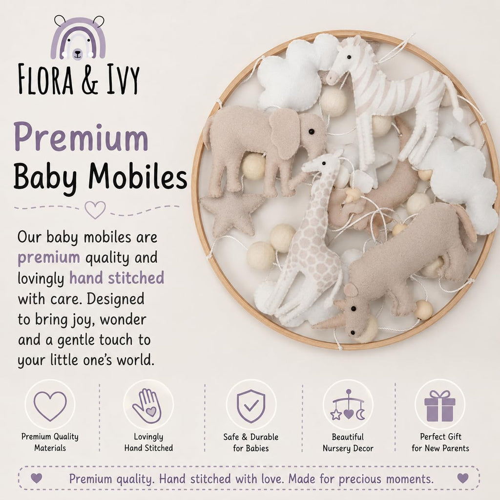 Safari Nursery Mobile Decoration, Neutral Felt Hanging Decor with Elephant, Giraffe, Zebra & Rhino, Boho Baby Room