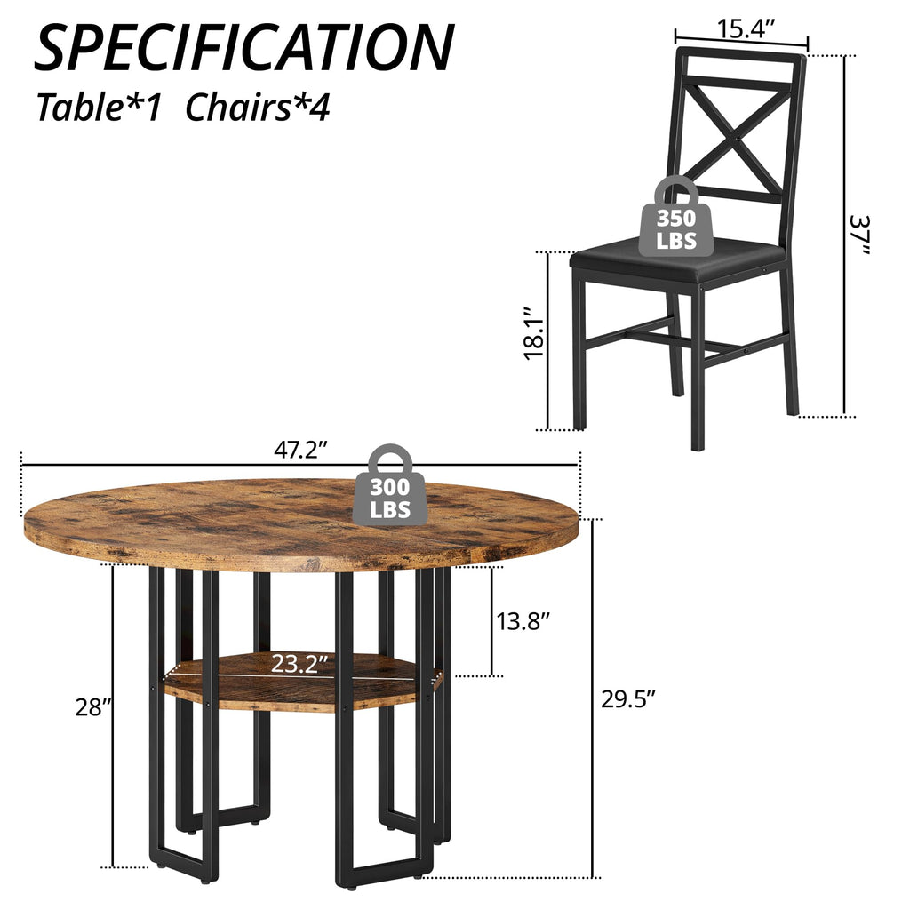 Dining Table Set for 4, 47.2 inch Round Kitchen Table and 4 Chairs