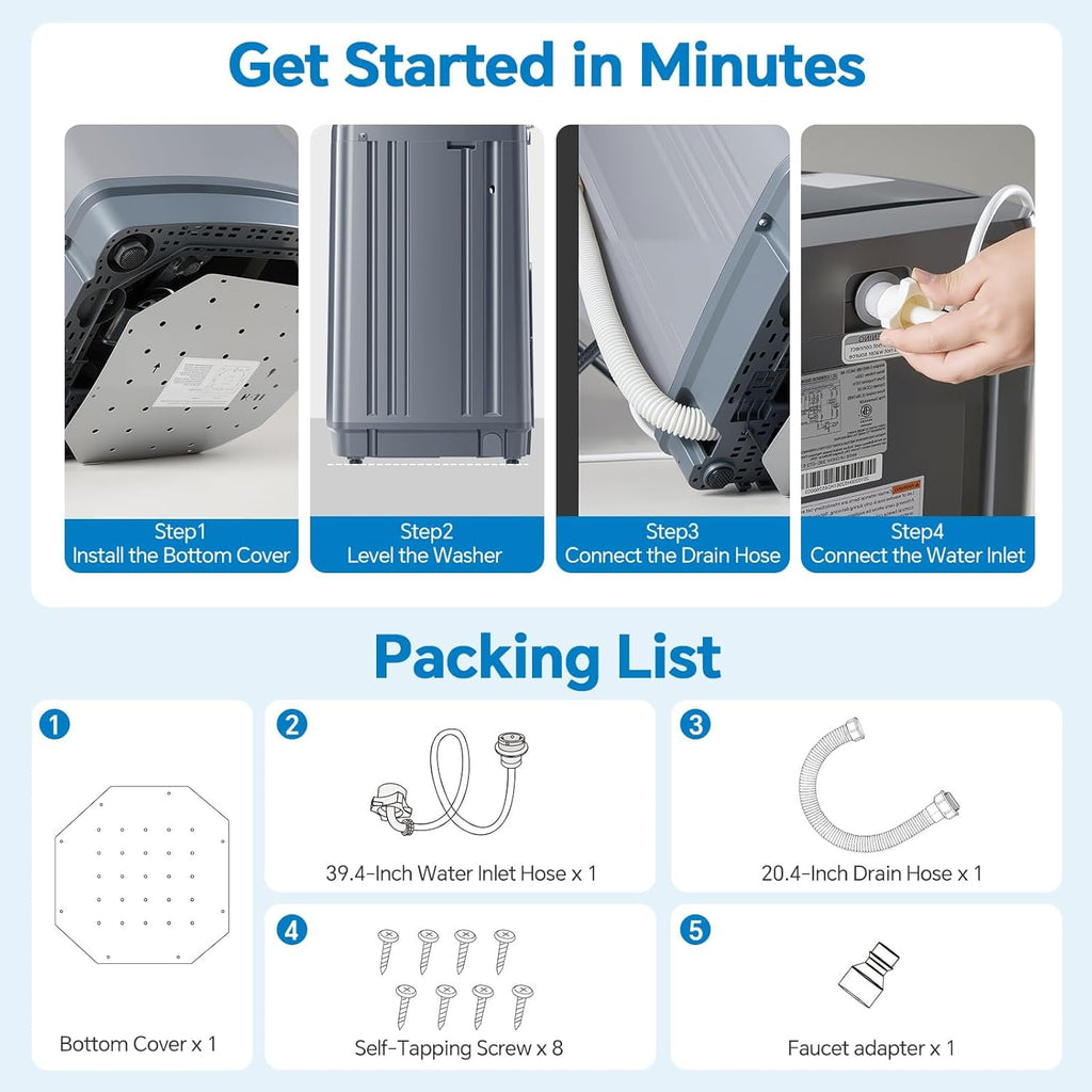 Portable Washing Machine, 7.7LBS Full-Automatic, 10 Wash Cycles, Stainless Steel Drum, Quiet Compact Washer for