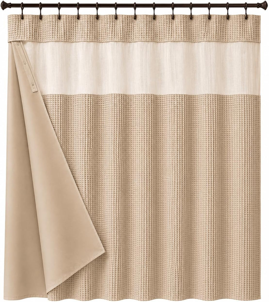 Hotel Style Waffle Weave Shower Curtain with Snap-In Waterproof Fabric Liner, Mesh Top Window, Water Resistant