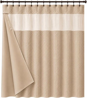 Hotel Style Waffle Weave Shower Curtain with Snap-In Waterproof Fabric Liner, Mesh Top Window, Water Resistant