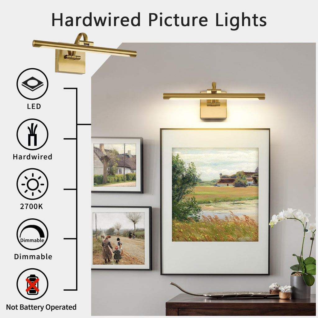 Brass Picture Lights for wall Hard-Wired LED Picture Lighting Dimmable Art Light Gallery Lighting for Wall Portraits
