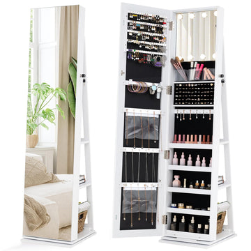 Swivel Jewelry Armoire with Full-Length Mirror & Lighted Makeup Mirror, 360° Rotating Jewelry Cabinet Organizer for