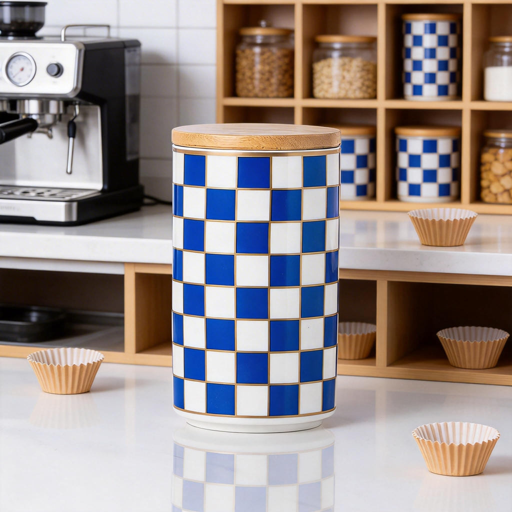 Checkered Airtight Ceramic Canister with Bamboo Lid for Food Storage