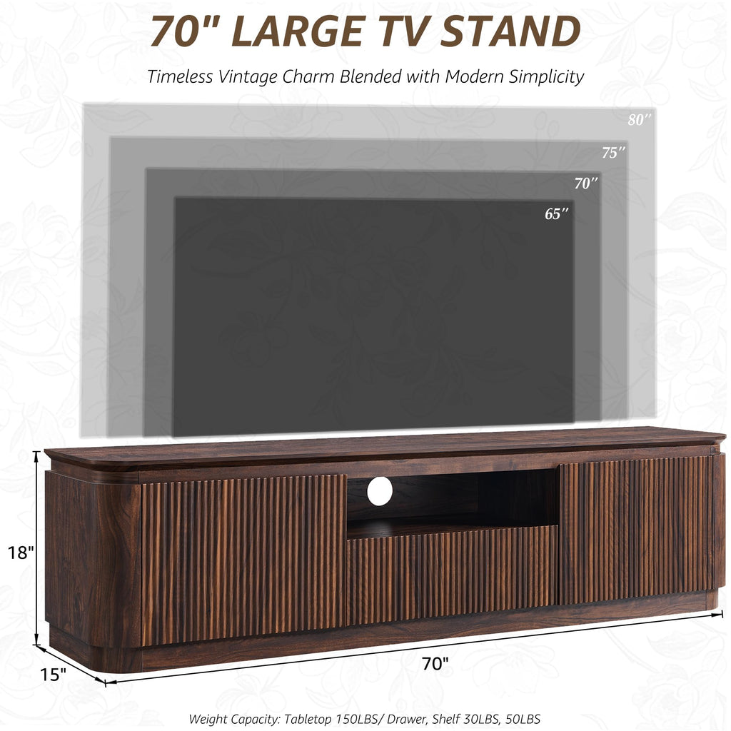 70" Fluted TV Stand for TVs up to 80", Dark Walnut Oak