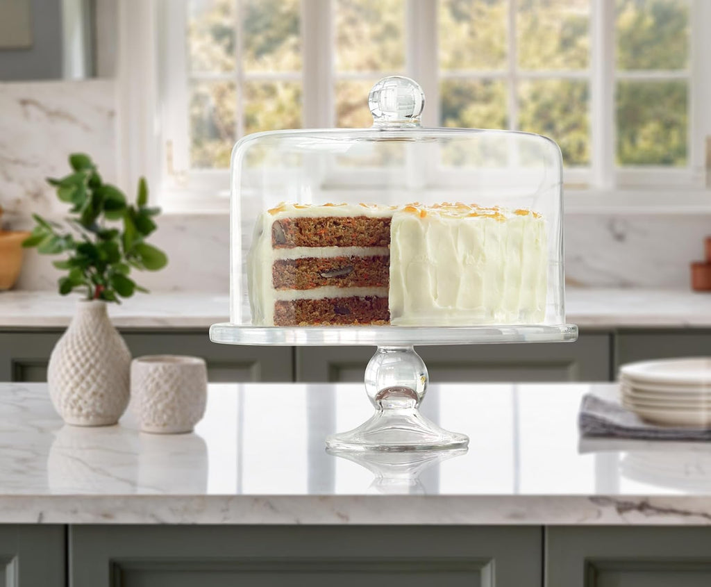 Simplicity Cake Stand with Straight Sided Dome - Flawless Glass, Tall Cake Friendly, Secure Design, Elegant - Set of 2