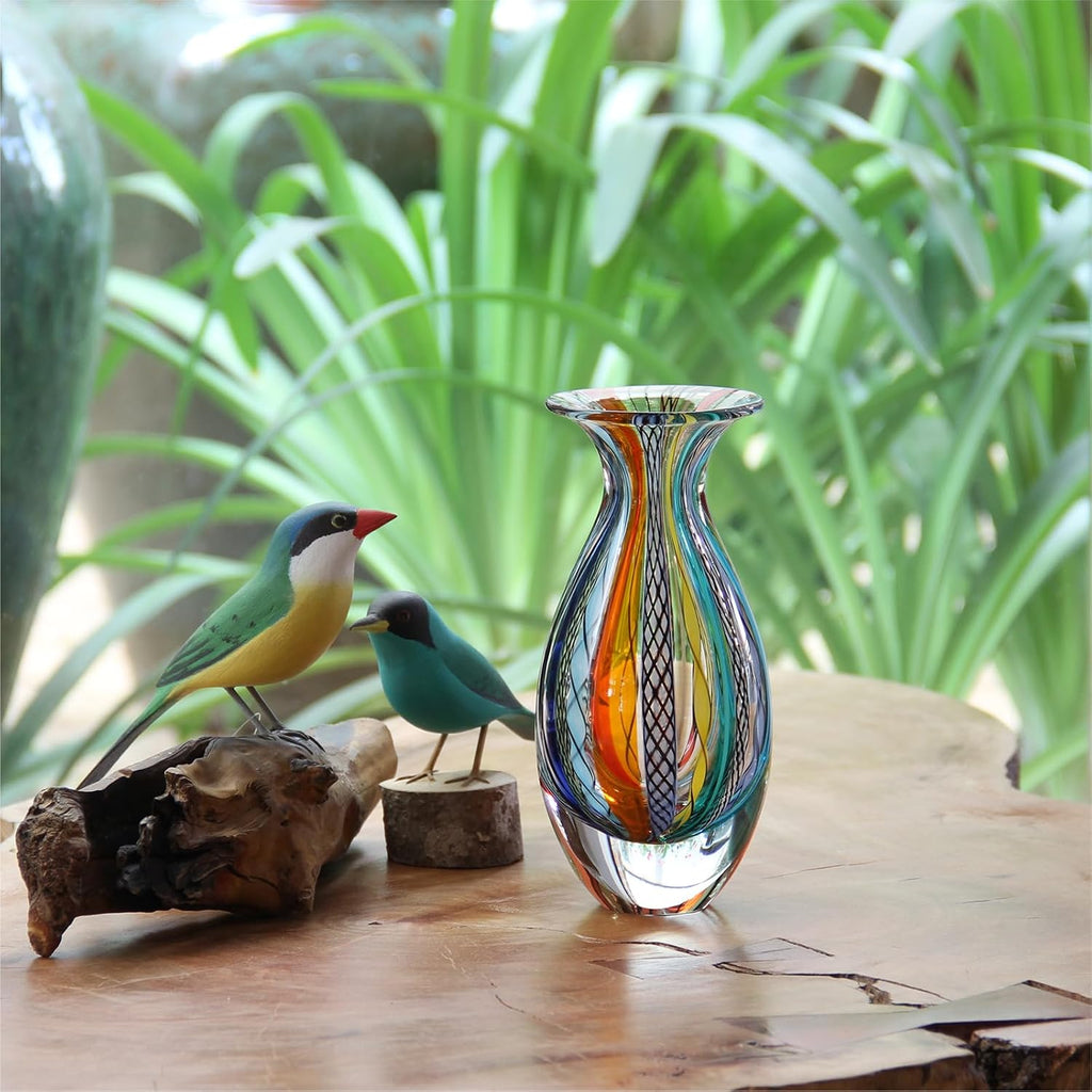 Murano Style Glass Vase Hand Blown Colored Canes Boho Effect Home Decor