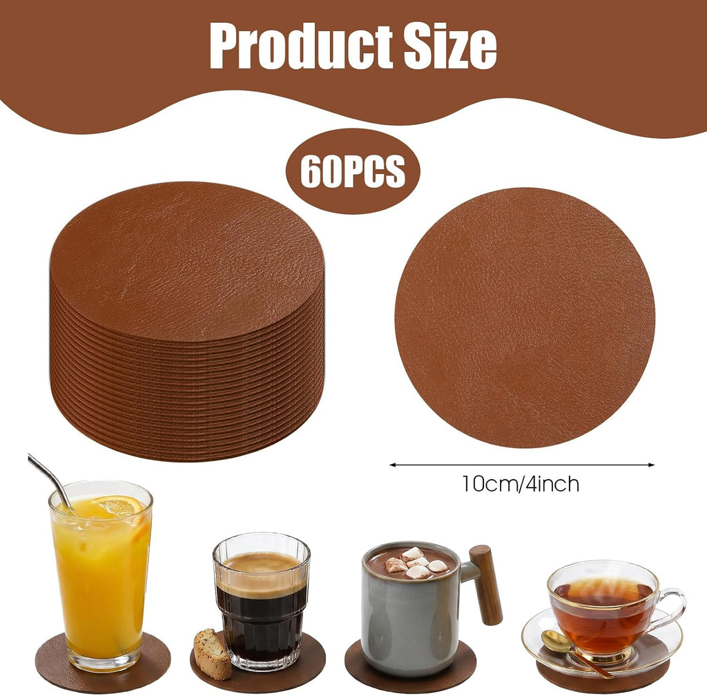 PU Leather Coasters, 4 Inch Round Leather Coasters 10 mm Thickness Brown Drink Coaster, Coffee, Tabletop - Set of 60