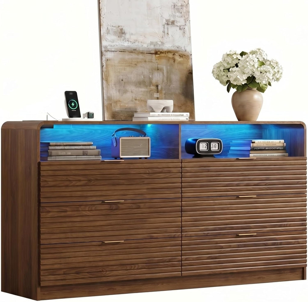 55'' Wide Fluted 6 Drawers Dresser with 2 Cubbies, LED Dressers & Chests of Drawers with Power Outlet, Fluted Dresser