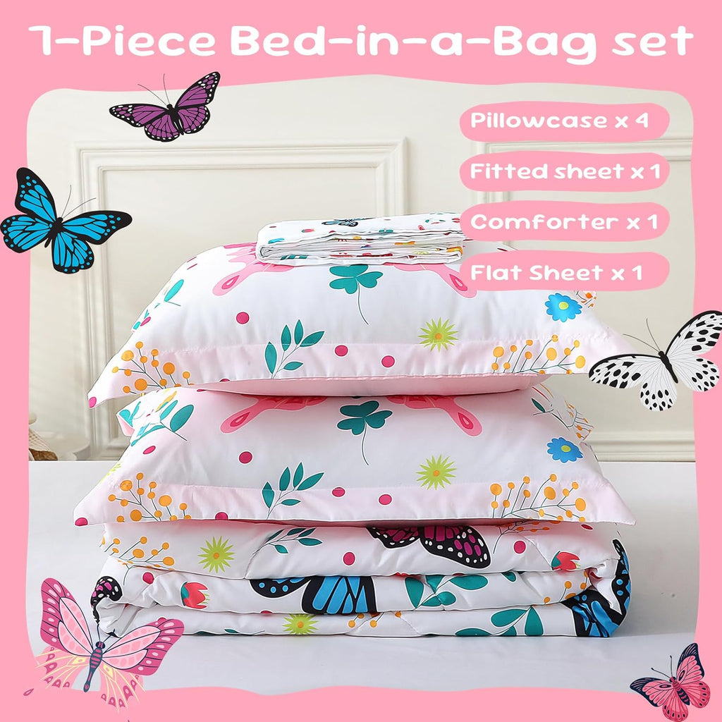 Girls Butterfly Comforter Set Full 7 Piece Bed in A Bag Colorful Flowers Leaves Bedding Set for Kids Teens Super Soft