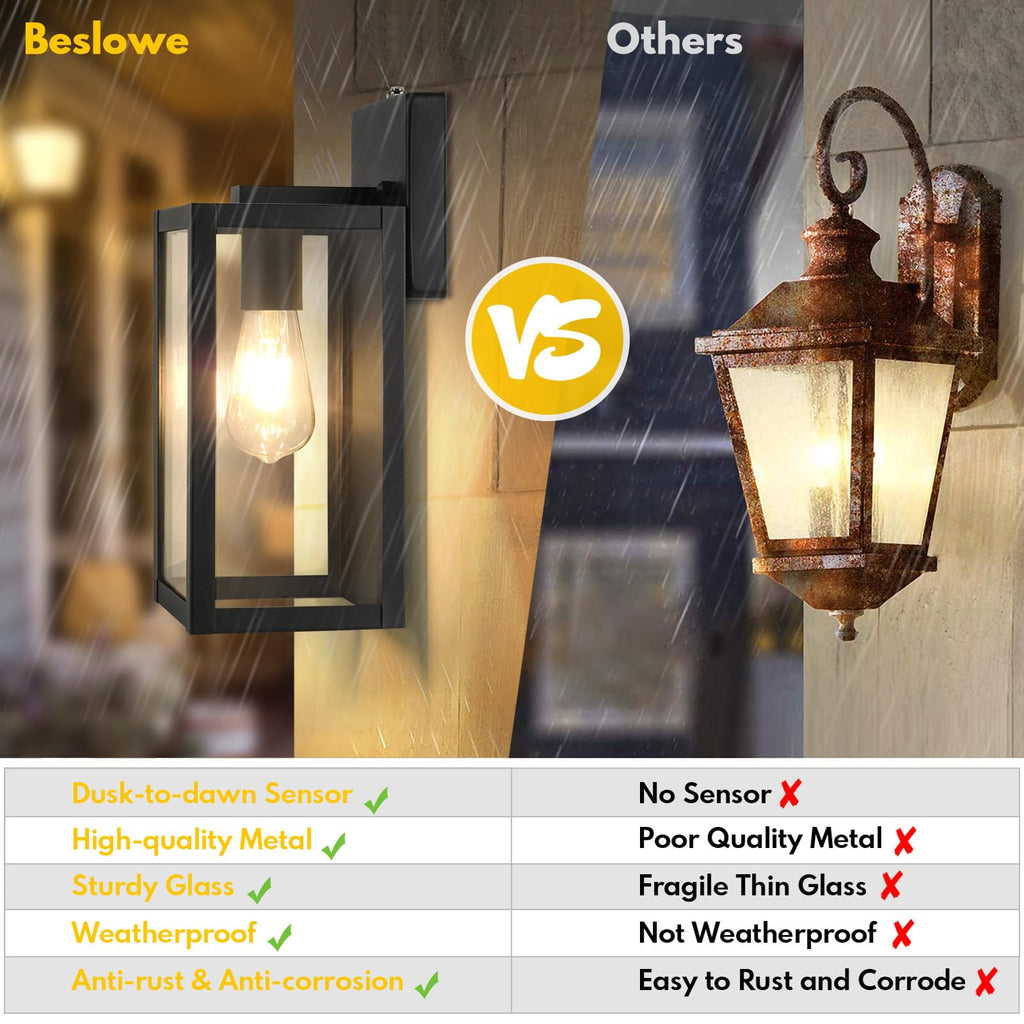 2-Pack Dusk to Dawn Outdoor Wall Lanterns Lights, Matte Black Waterproof Exterior Wall Sconces with Clear Glass