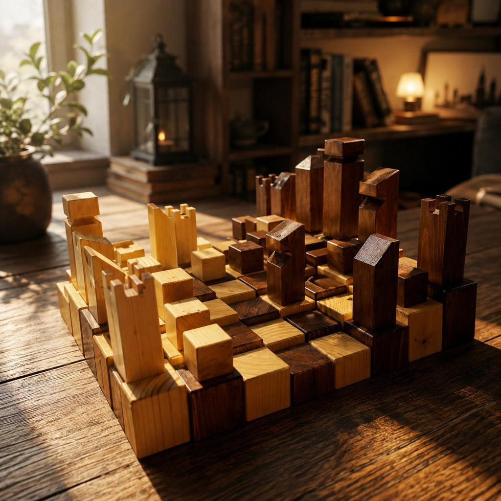 Handmade Wooden Chess Set 40x40 cm, 3D City Skyline Chess Board with Architectural Chess Pieces, Rustic Wood Strategy