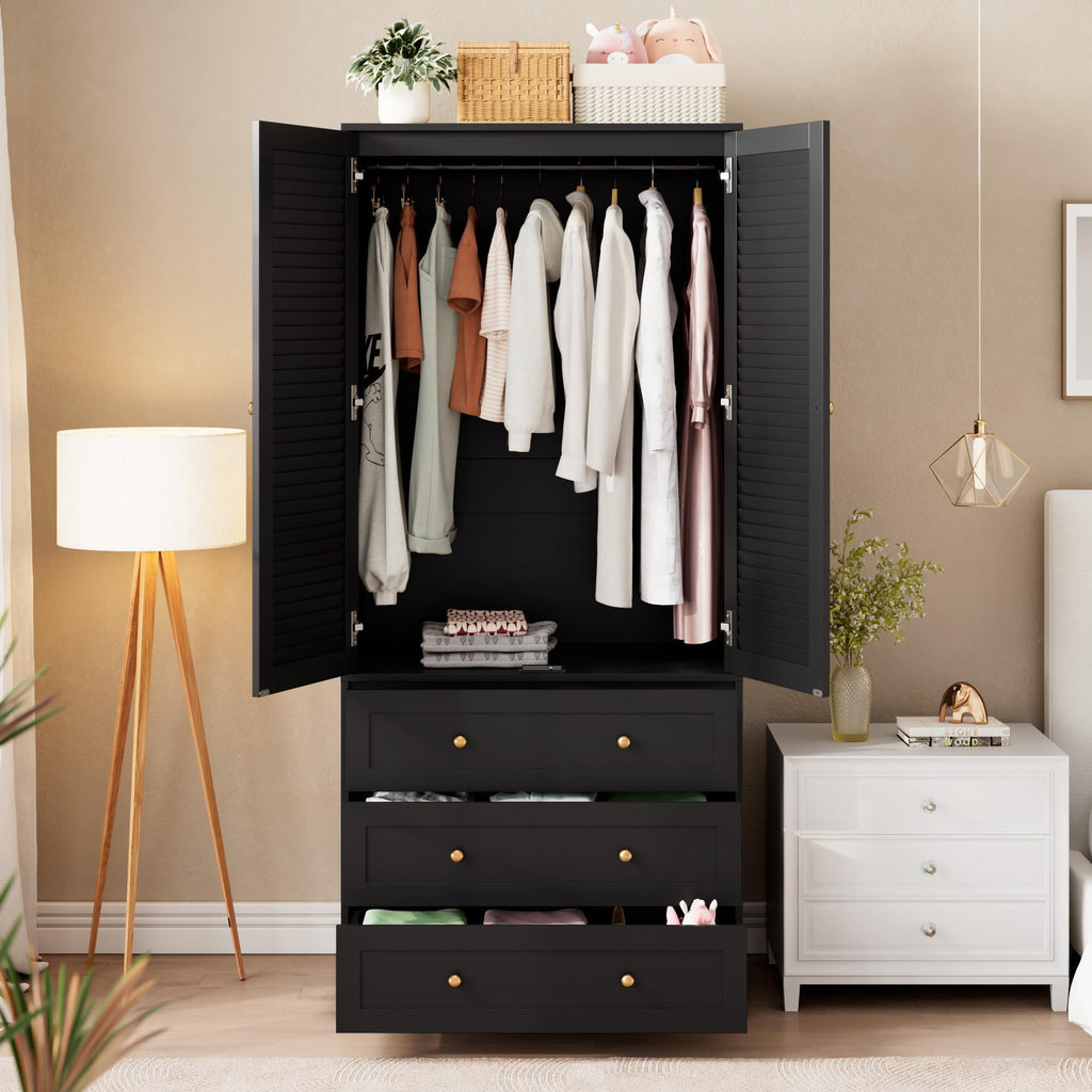 70" Wardrobe Armoire Wooden Closet with 2 Doors and 3 Drawers, Black