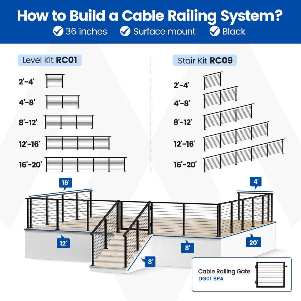 2-4ft Pre-Crimped Complete Cable Railing Kit for Stairs 36in RC09