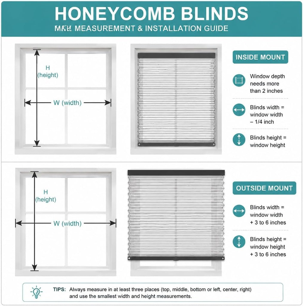 Cordless Cellular Shades, No Drill No Tools Blackout Honeycomb Blinds for Indoor Windows, Thermal Insulation Noise
